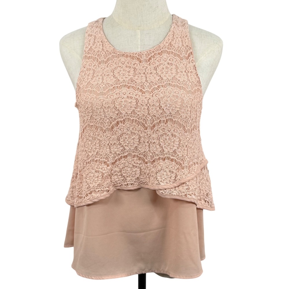 Monteau M Blush Pink Floral Lace Overlay Top Tiered Sleeveless Blouse Coquette